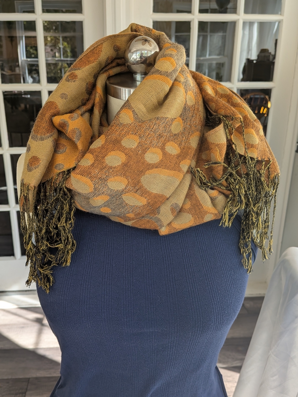 Pashmina Mustard Yellow Gold Abstract Oval Pebble Print Scarf Wrap Fringe Edge